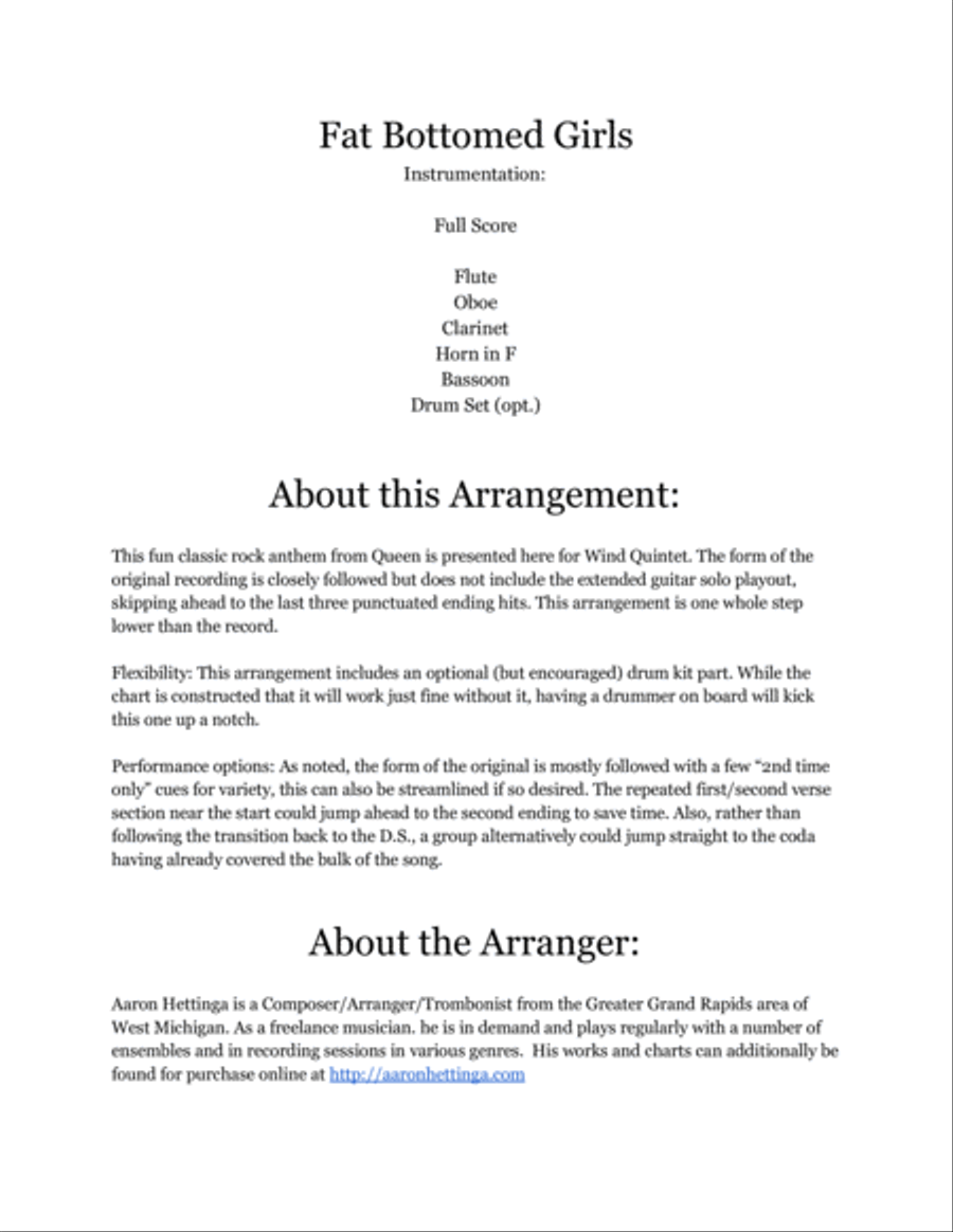 Fat Bottomed Girls Woodwind Quintet scores gallery preview page 2