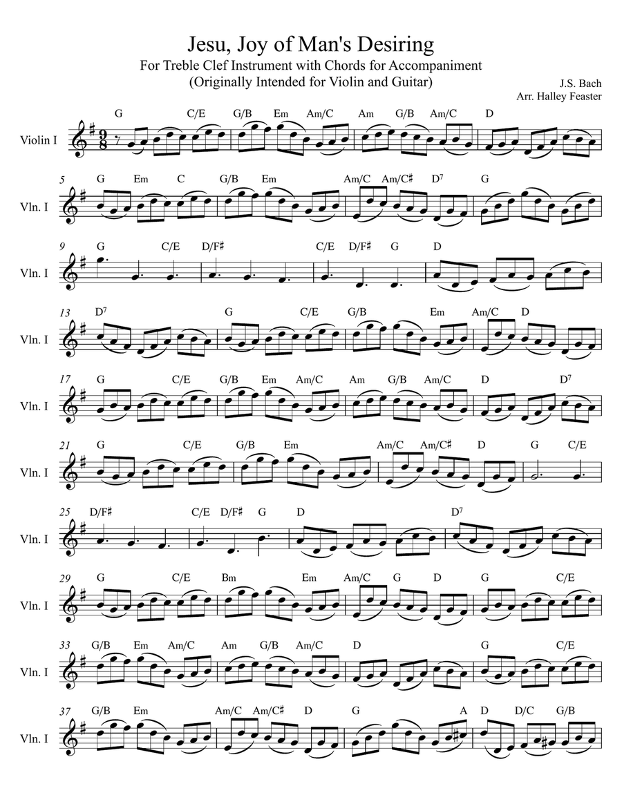 Jesu, Joy of Man's Desiring - for Violin (or Treble Clef Instrument) and Guitar (Chords) String Duet scores gallery preview page 1