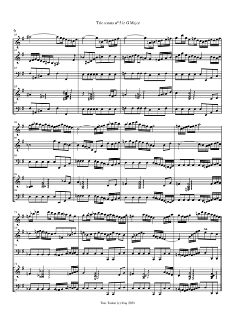 Trio sonata nº5 in G Major for flute, violin & cello or 2 violins & cello and basso continuo (SCORE Small Ensemble scores gallery preview page 6