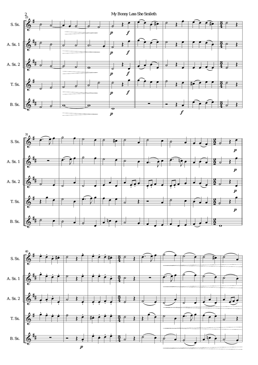 My bonny lass she smileth for saxophone quintet Saxophone Quintet scores gallery preview page 2