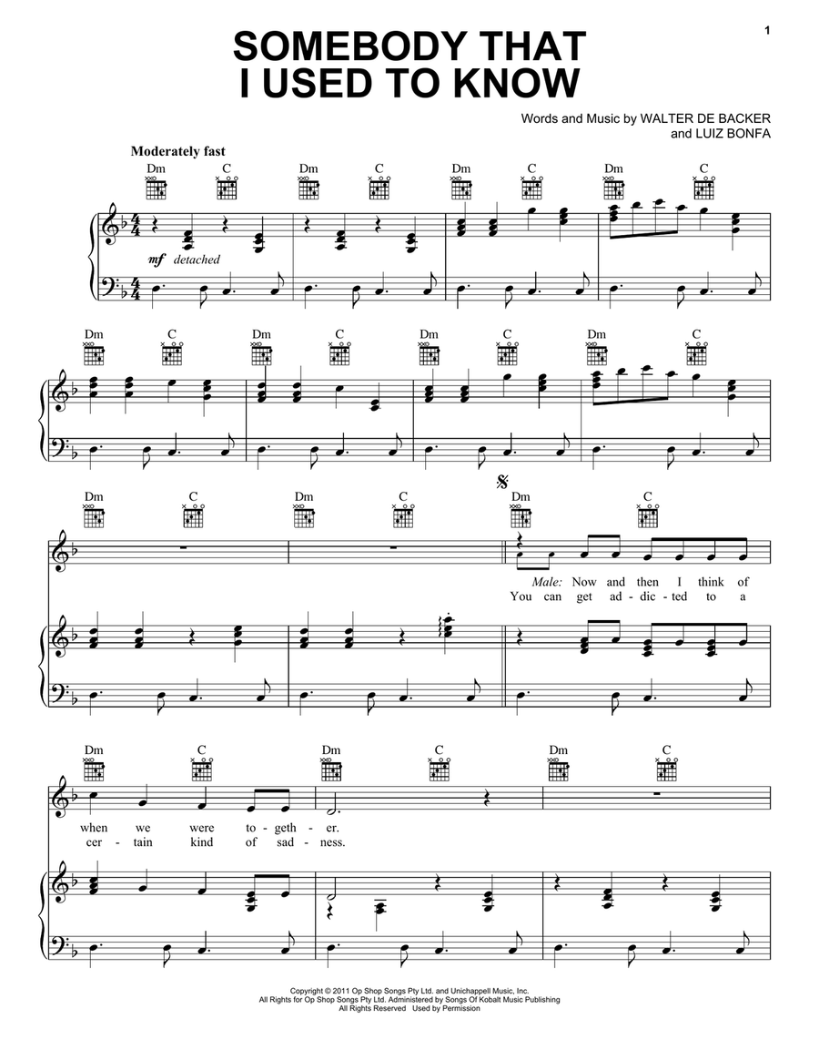 Somebody That I Used To Know (feat. Kimbra) Piano, Vocal, Guitar scores gallery preview page 1