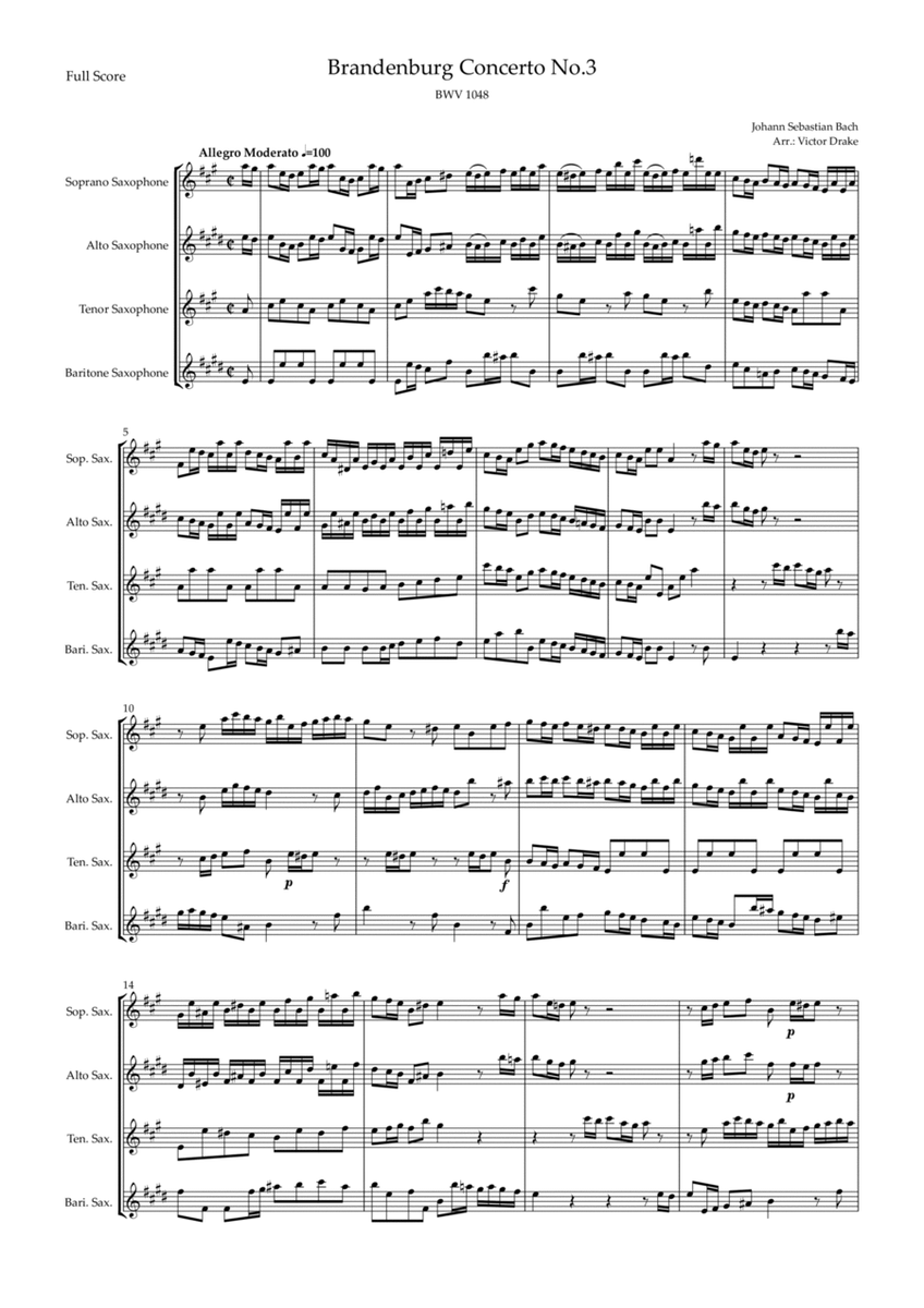 Brandenburg Concerto No. 3 in G major, BWV 1048 1st Mov. (J.S. Bach) for Saxophone Quartet image number null