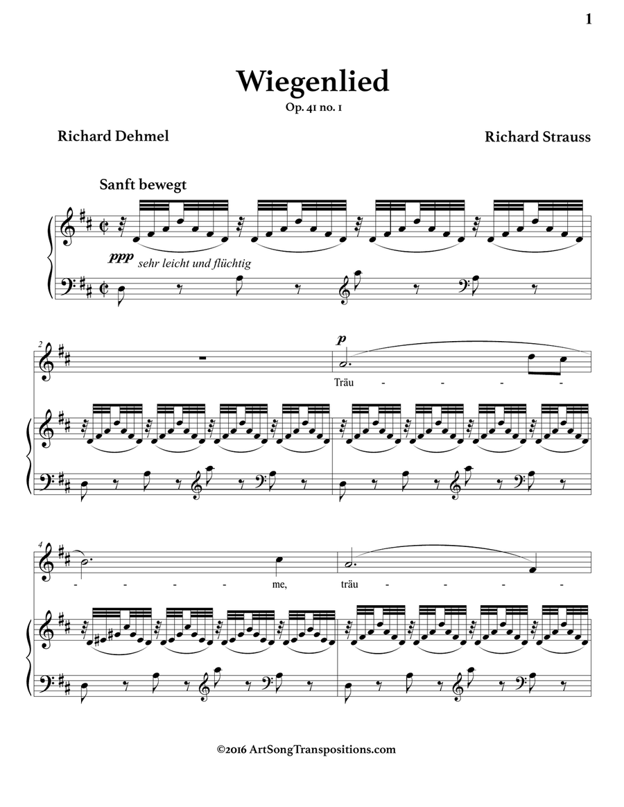 STRAUSS: Wiegenlied, Op. 41 no. 1 (transposed to D major) Piano, Vocal scores gallery preview page 2