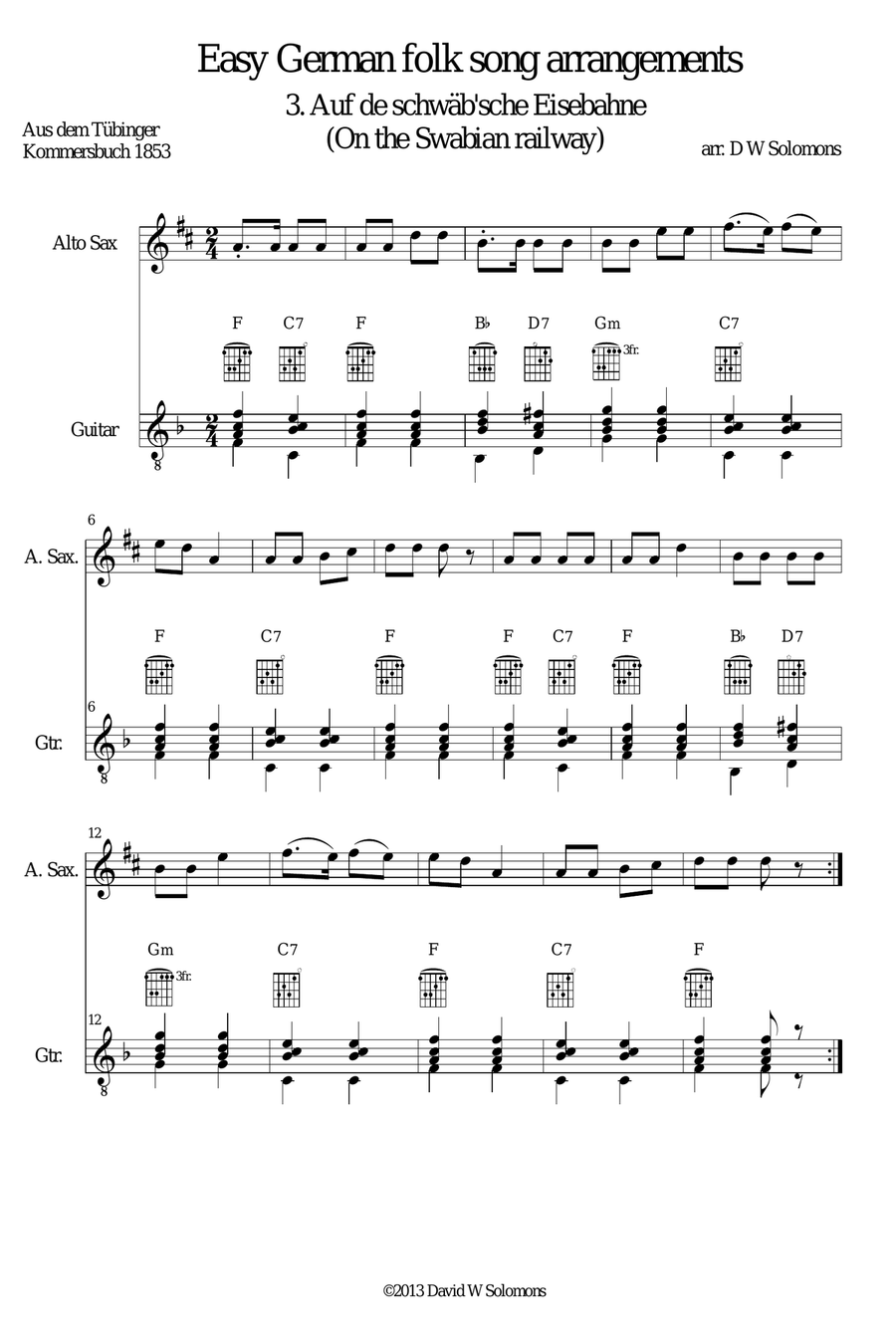 Railway Song (Auf de schwäb'sche Eisebahne) for alto-saxophone and guitar Saxophone scores gallery preview page 5