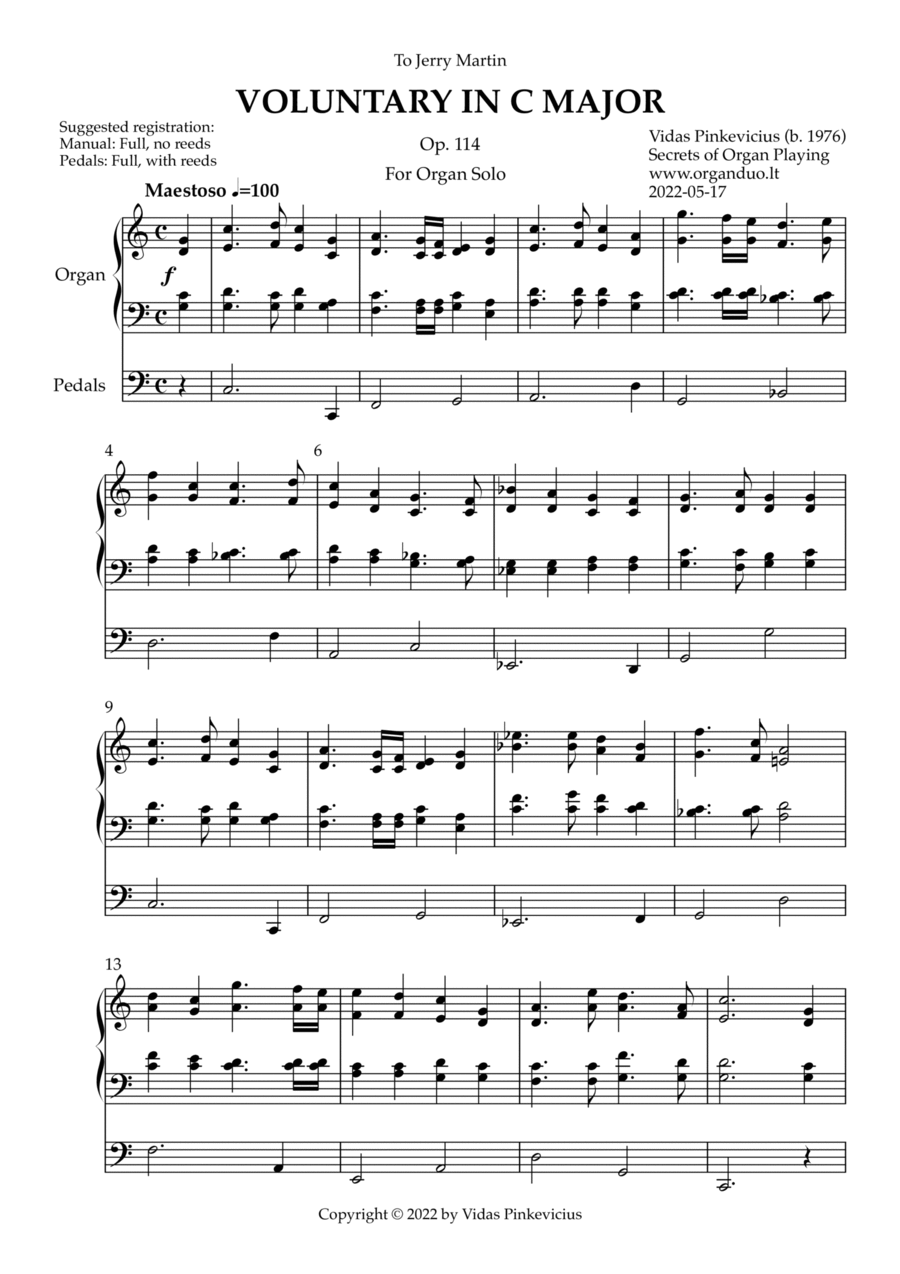 Voluntary in C Major, Op. 114 (Organ Solo) by Vidas Pinkevicius (2022) Organ Solo scores gallery preview page 1