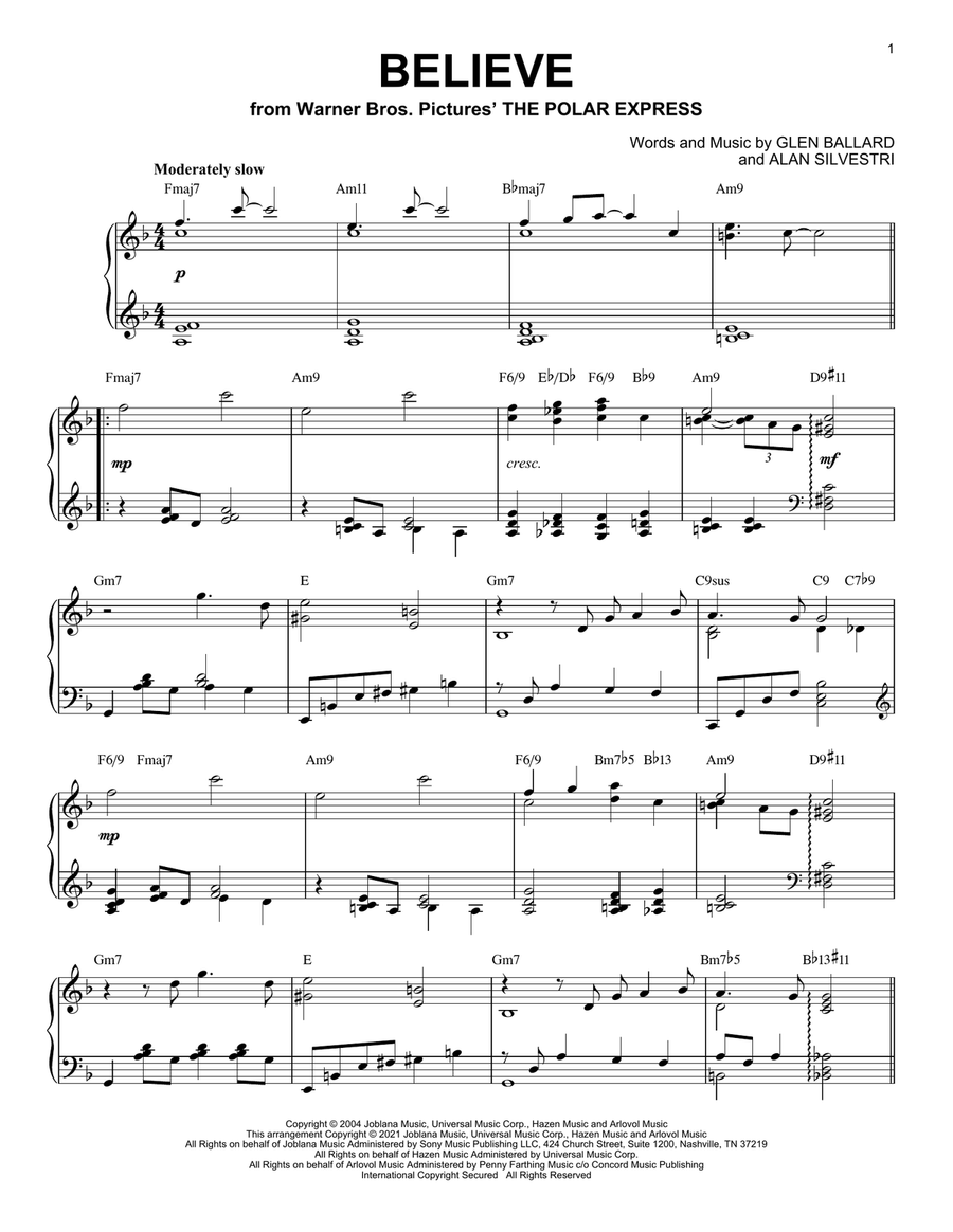 Believe [Jazz version] (from The Polar Express) (arr. Brent Edstrom) Piano Solo scores gallery preview page 1