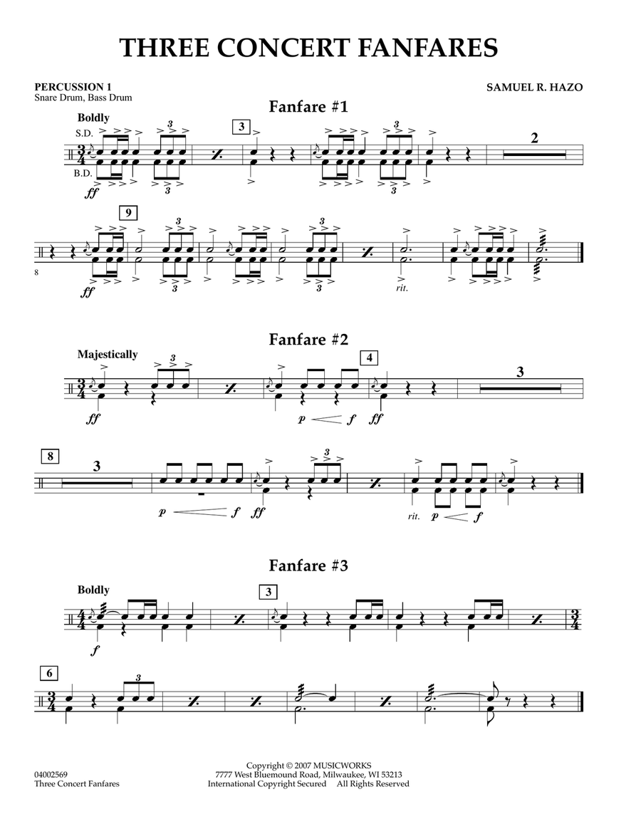 Three Concert Fanfares - Percussion 1 Concert Band scores gallery preview page 1
