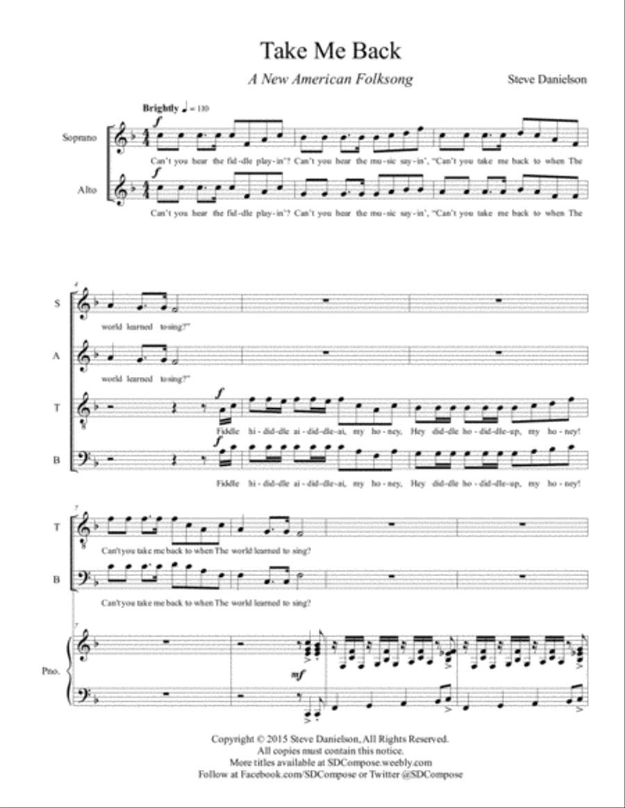 Take Me Back (A New American Folk Song), SATB, piano image number null