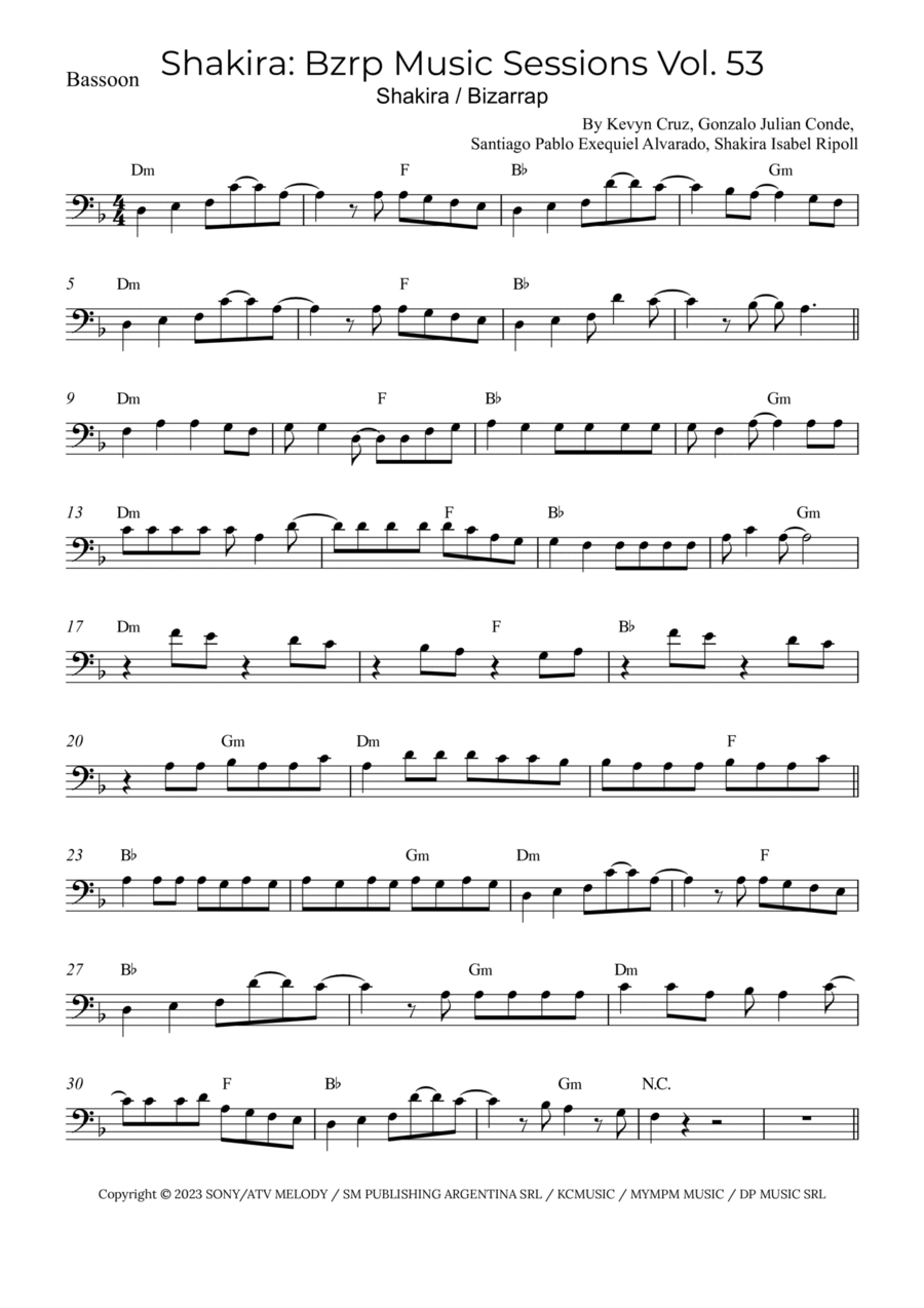 Shakira: Bzrp Music Sessions Vol. 53 Bassoon Solo scores gallery preview page 1