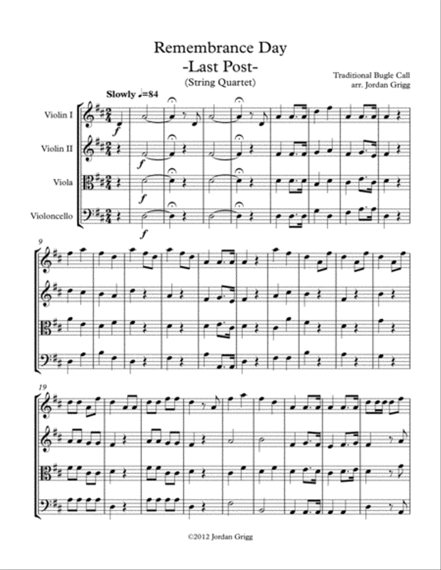 Remembrance Day. 'Last Post' (String Quartet) String Quartet scores gallery preview page 1