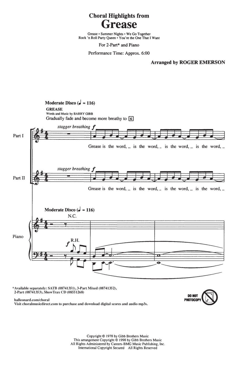 Choral Highlights from Grease 2-Part scores gallery preview page 1
