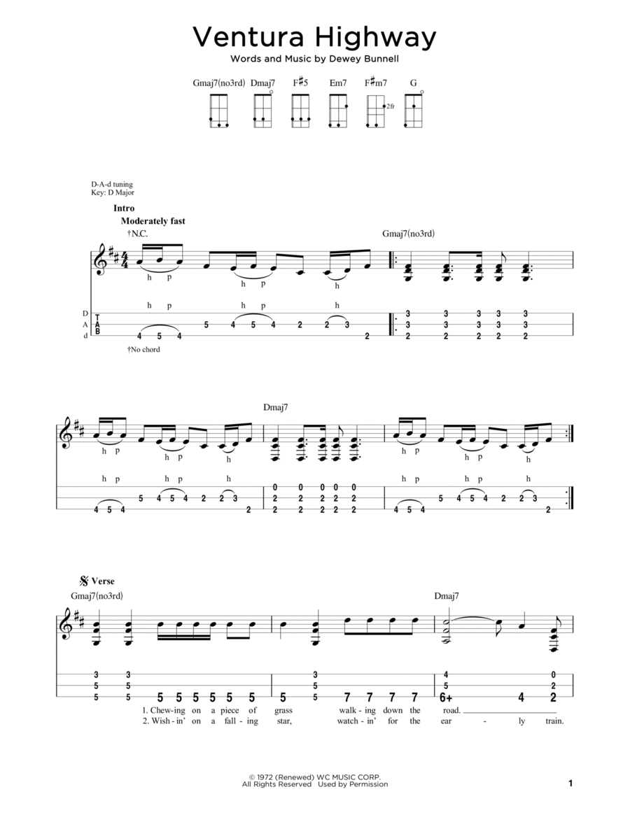 Ventura Highway (arr. Steven B. Eulberg) Dulcimer scores gallery preview page 1