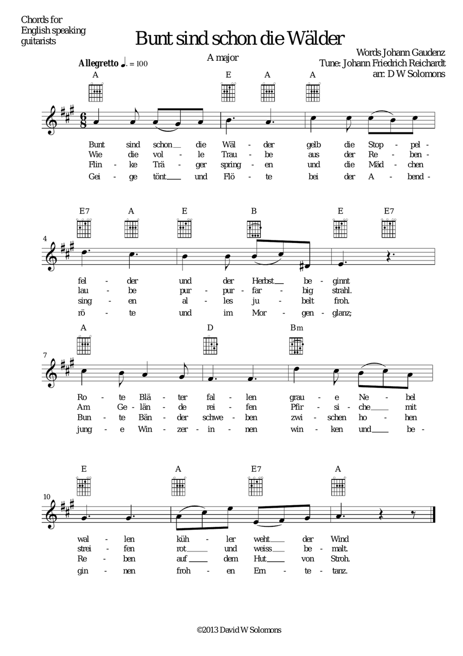 Bunt sind schon die Wälder for voice and guitar chords Acoustic Guitar scores gallery preview page 1
