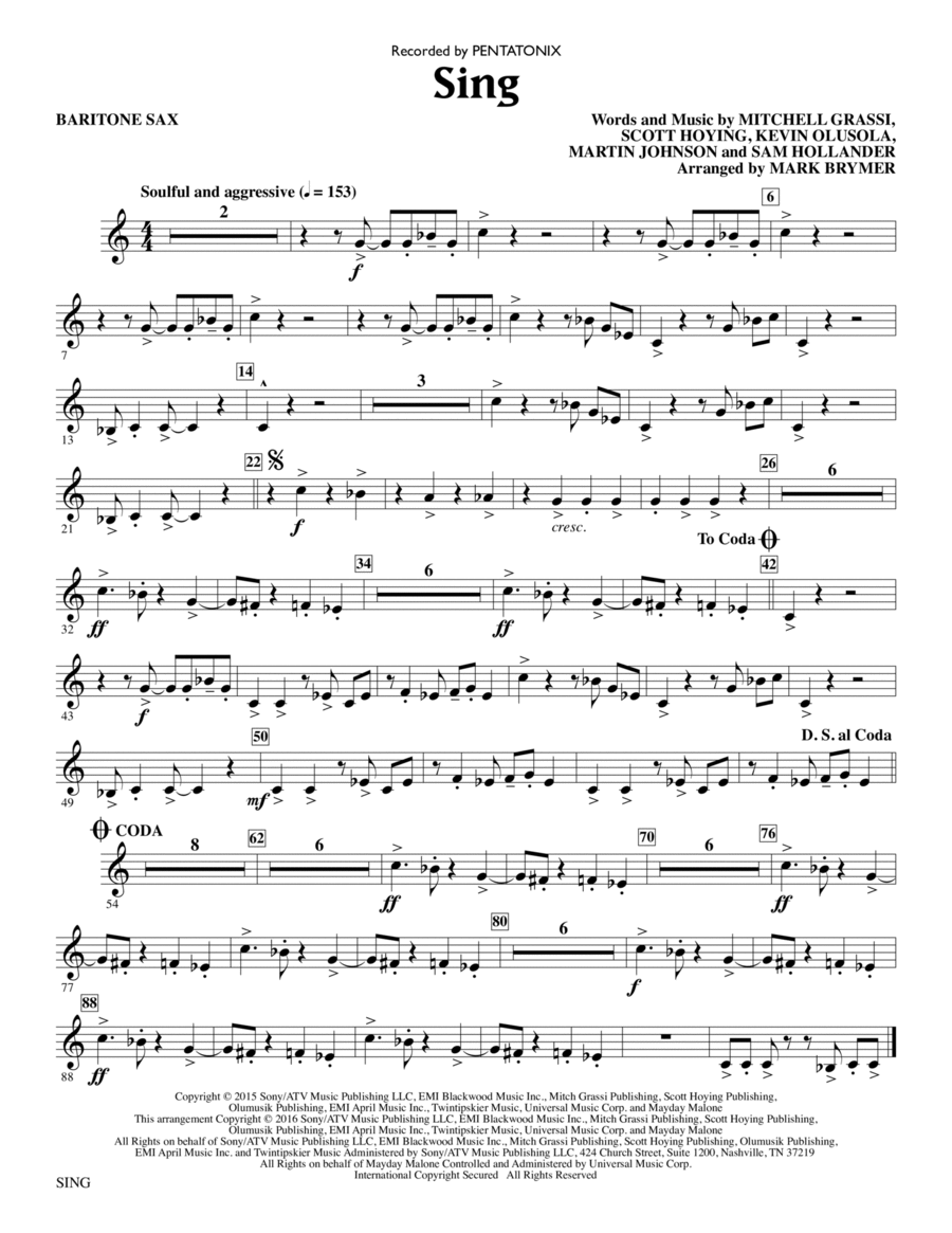 Sing (arr. Mark Brymer) - Baritone Sax