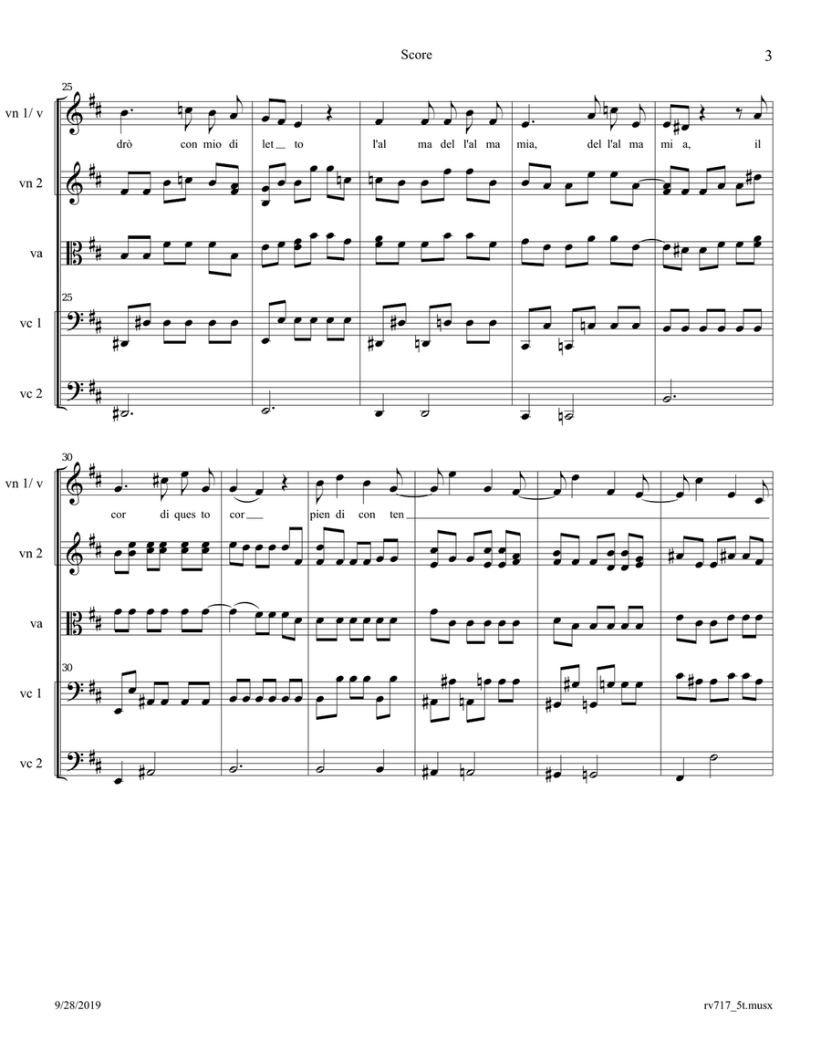 Vivaldi: Aria - 'Vedrò con mio diletto' from Il Giustino RV 717 Arr. for 2-Cellos Quintet or Voice Small Ensemble scores gallery preview page 3