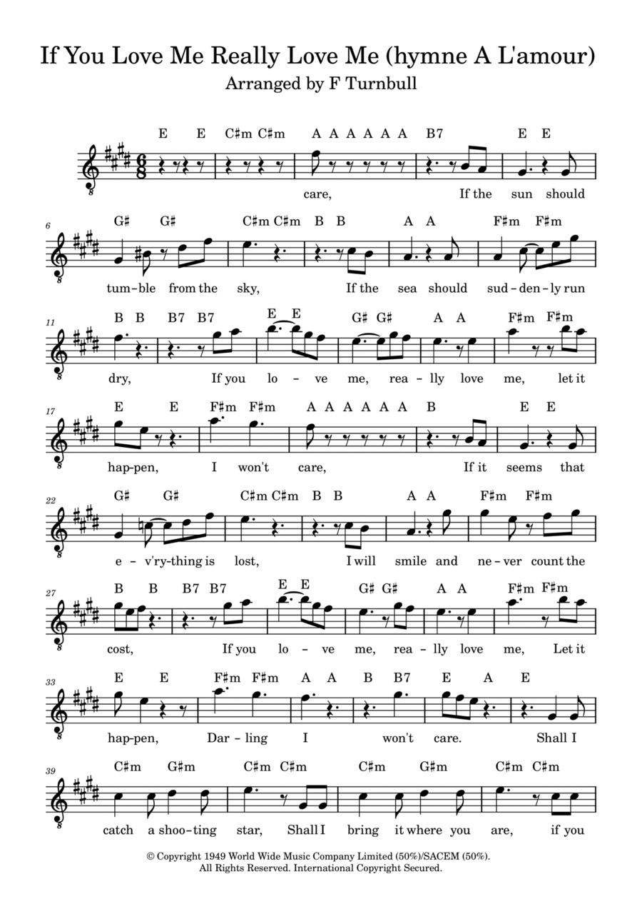 If You Love Me Really Love Me (hymne A L'amour) Piano, Vocal, Guitar scores gallery preview page 1
