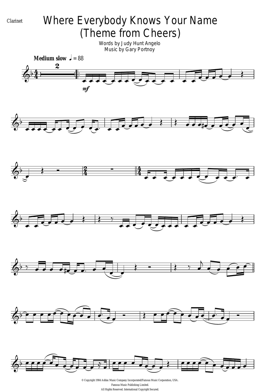 Where Everybody Knows Your Name (Theme from Cheers) Clarinet Solo scores gallery preview page 1
