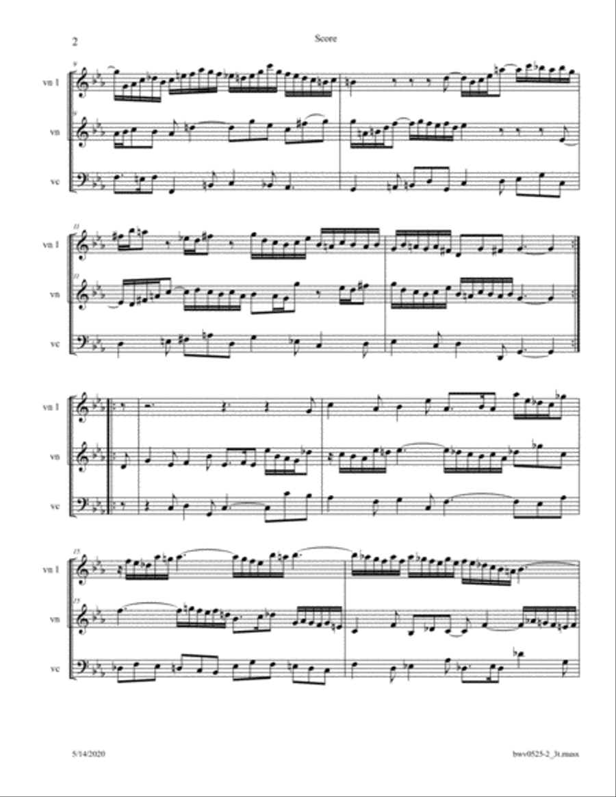 Bach: Organ Triosonata No 1 (BWV 525) Mvt 2 arr. for 2 Violins and Cello String Duet scores gallery preview page 2