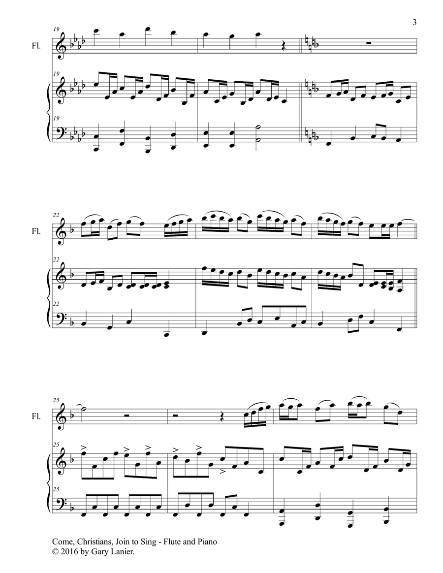 Gary Lanier: COME, CHRISTIANS, JOIN TO SING (Duet – Flute & Piano with Parts) Woodwind Duet scores gallery preview page 4