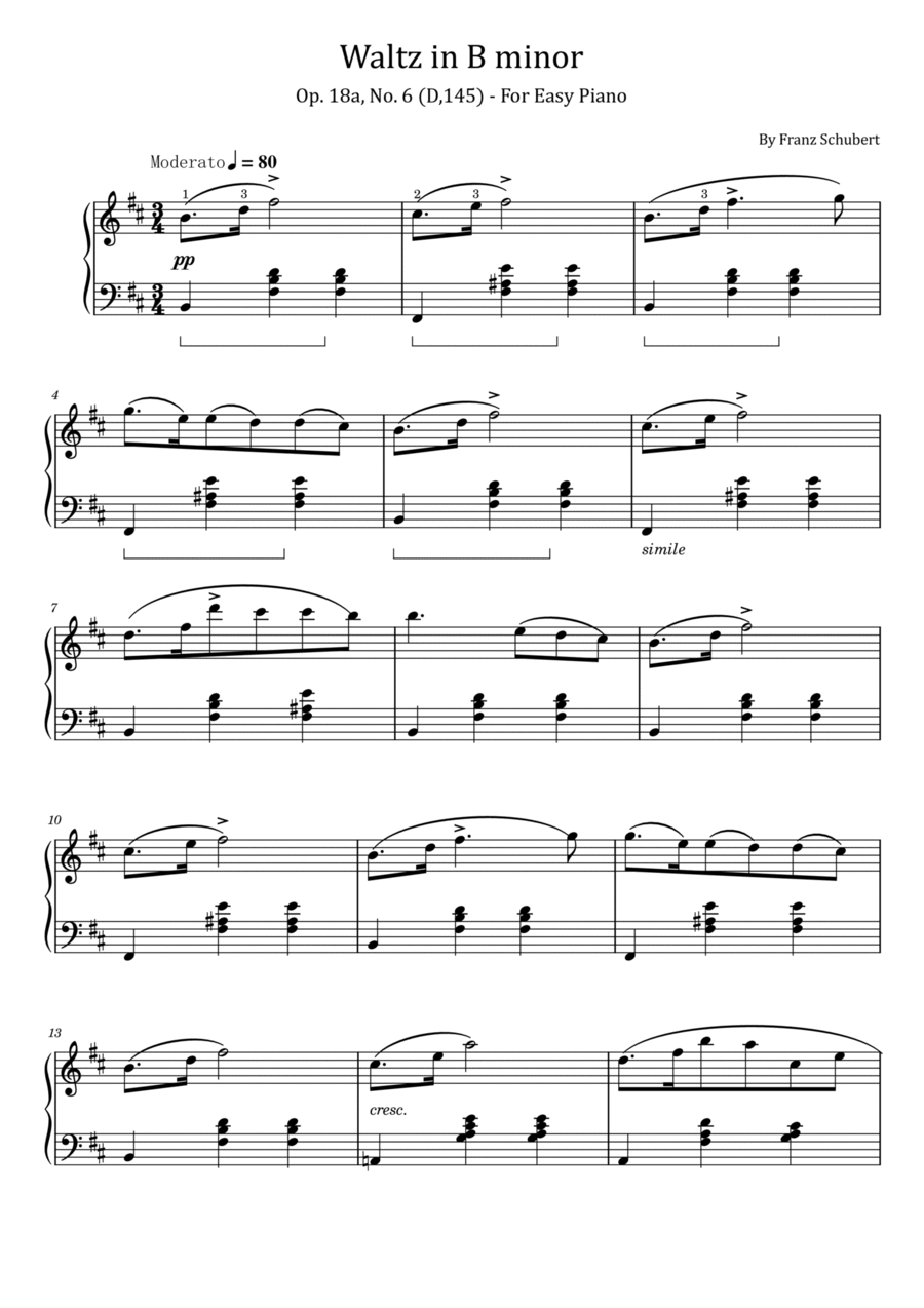 Schubert - Waltz in B minor - Op. 18, No. 6 (D.145) - For Easy Piano Easy Piano scores gallery preview page 1