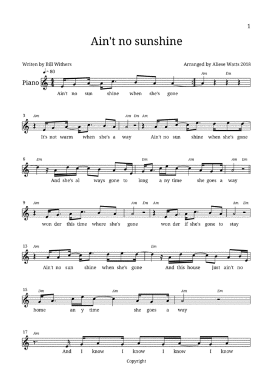 Ain't No Sunshine Voice scores gallery preview page 1