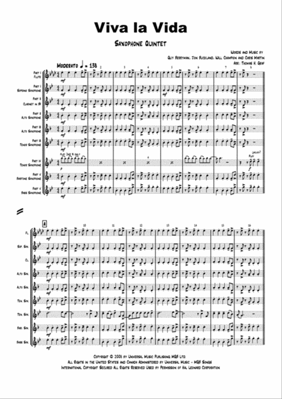 Viva La Vida Saxophone Quintet scores gallery preview page 1