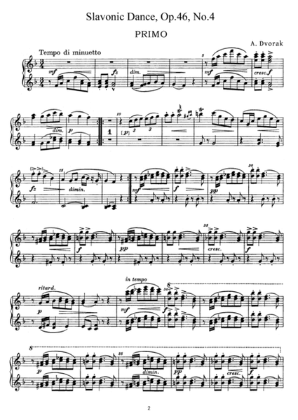 Dvorak Slavonic Dance, Op.46, No.4, for piano duet, PD884