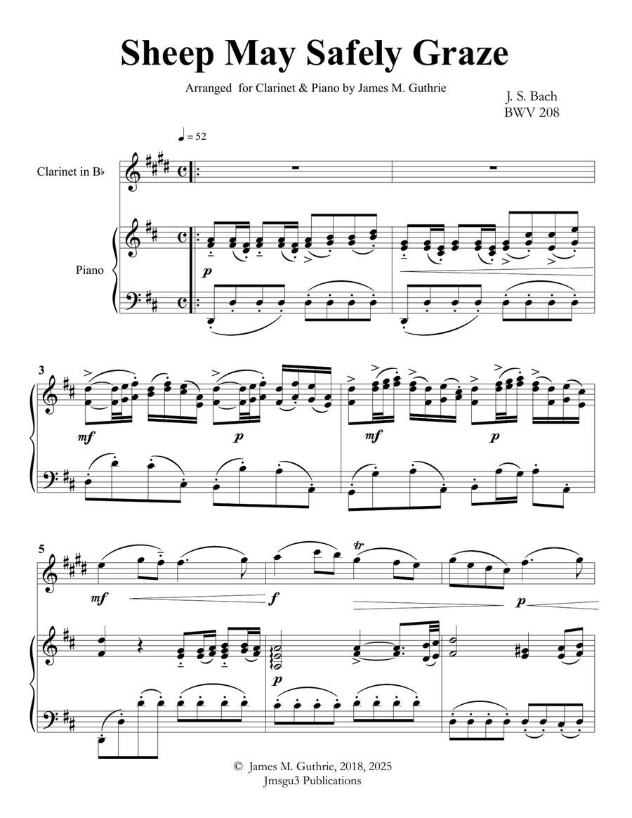 Bach: Sheep May Safely Graze for Clarinet & Piano Chamber Music scores gallery preview page 1