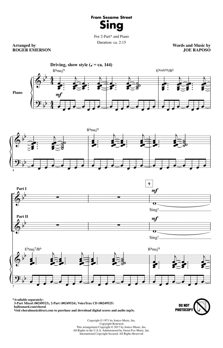 Sing (from Sesame Street) (arr. Roger Emerson) 2-Part scores gallery preview page 1