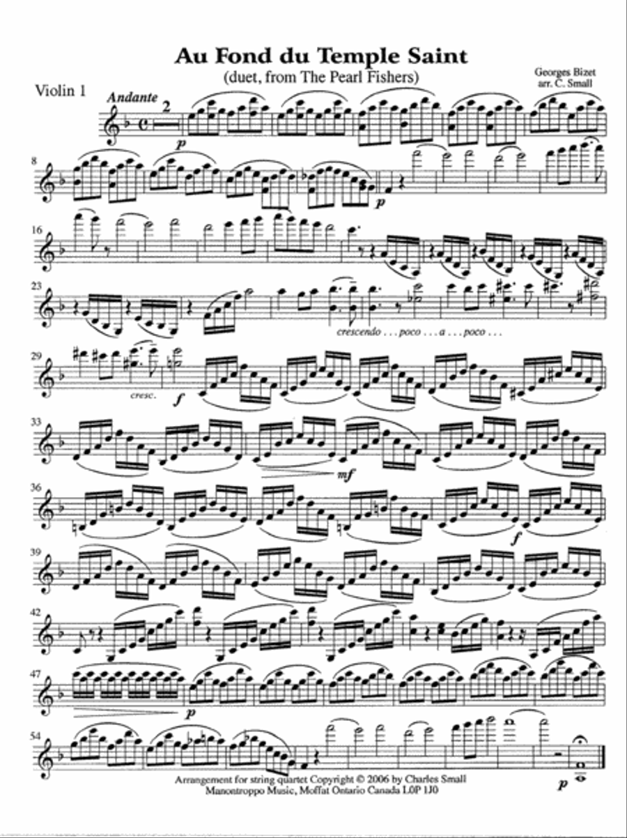 Au Fond du Temple Saint (duet, from The Pearl Fishers) String Quartet scores gallery preview page 1