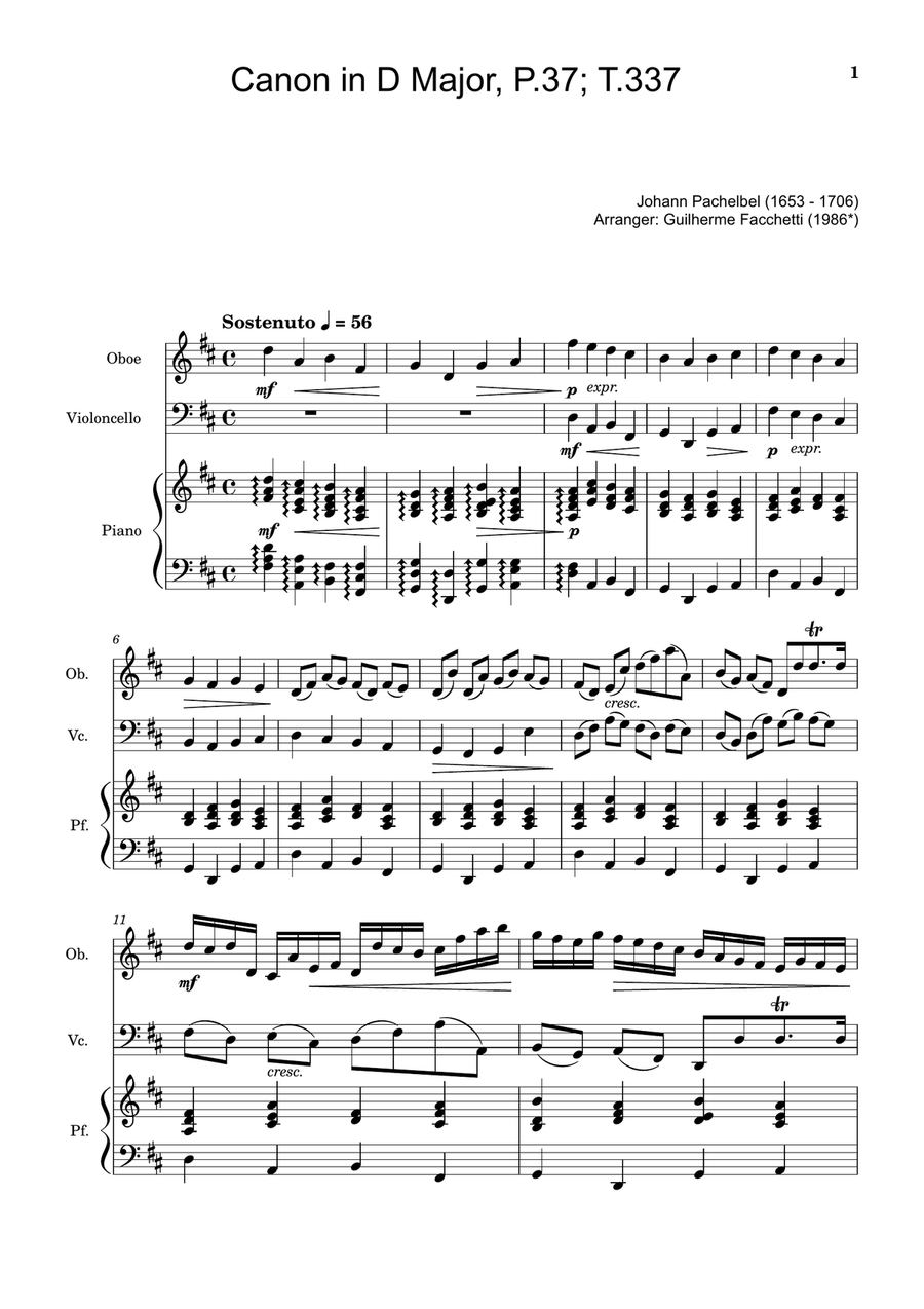 Canon in D Major, P.37; T.337. Arranged for Oboe, Violoncello and Piano. Score and Parts Small Ensemble scores gallery preview page 1