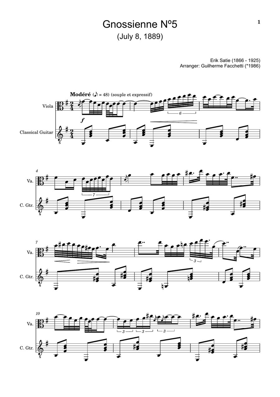 Erik Satie - Gnossienne Nº5. Arrangement for Viola and Classical Guitar. String Duet scores gallery preview page 1