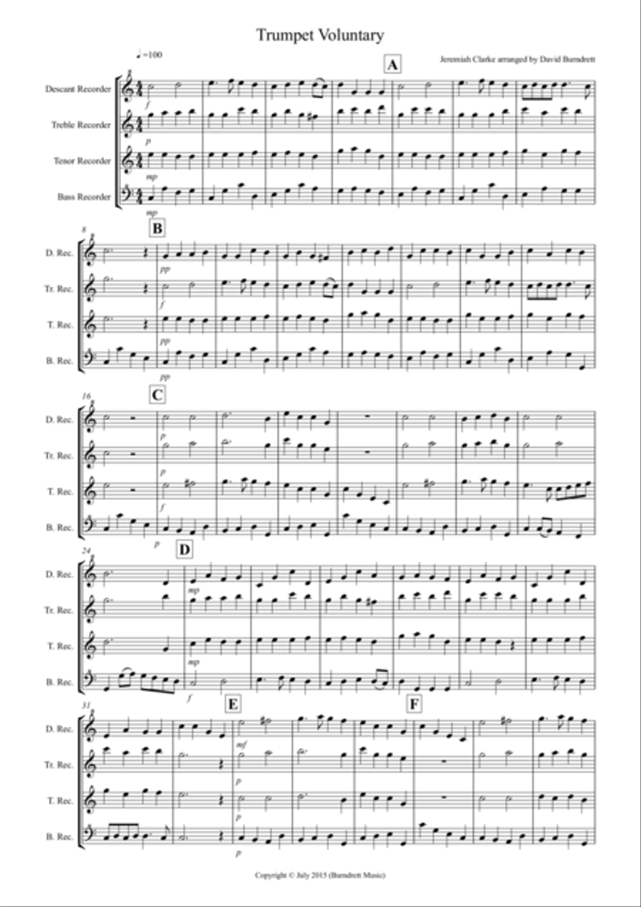 Trumpet Voluntary for Recorder Quartet Recorder scores gallery preview page 1