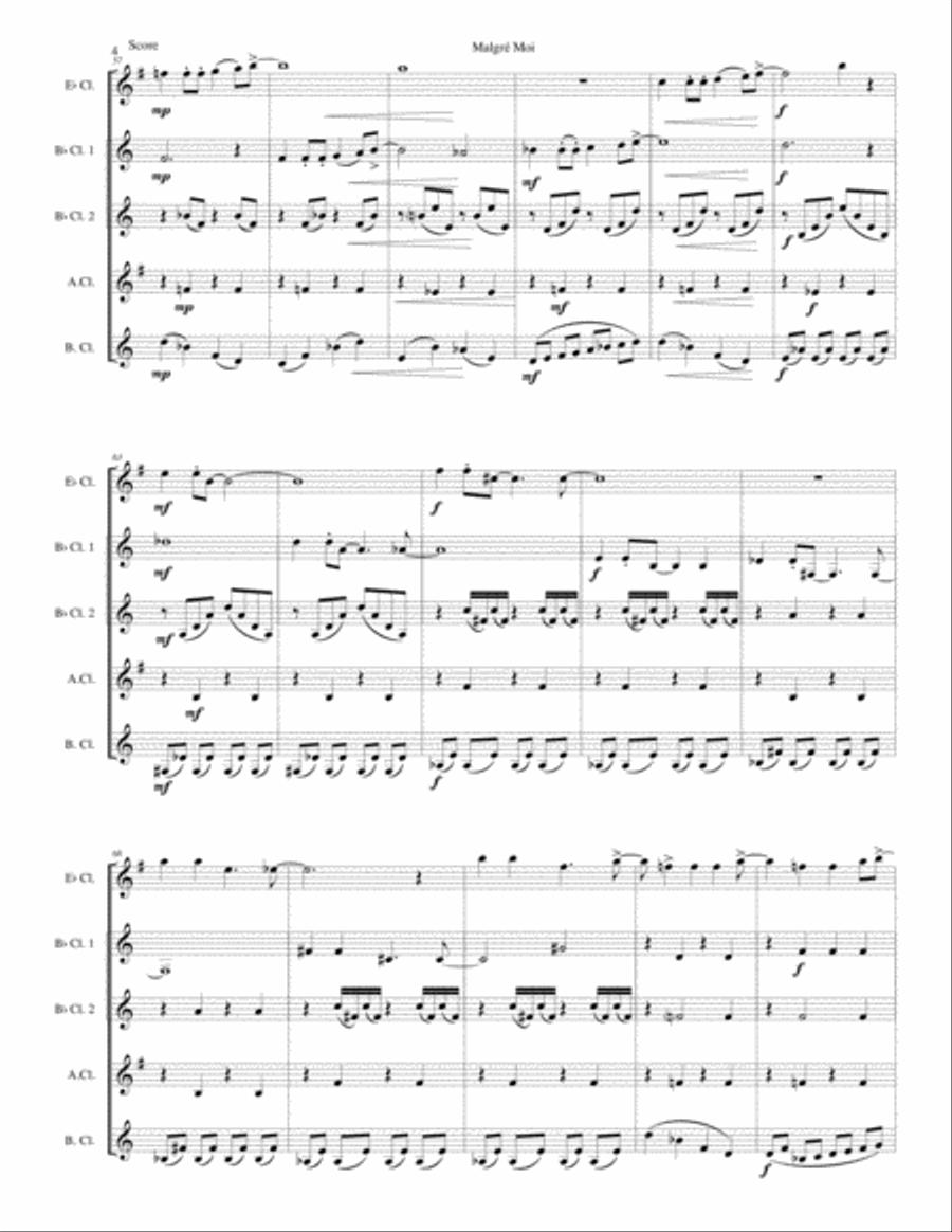 Malgré Moi for clarinet quintet (E flat, 2 B flats, alto and bass) Clarinet Quintet scores gallery preview page 4
