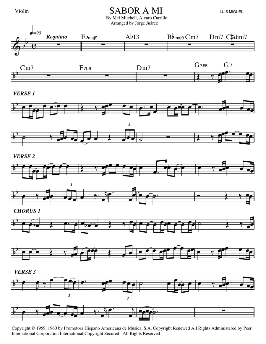 Sabor A Mi (be True To Me) Violin Solo scores gallery preview page 1