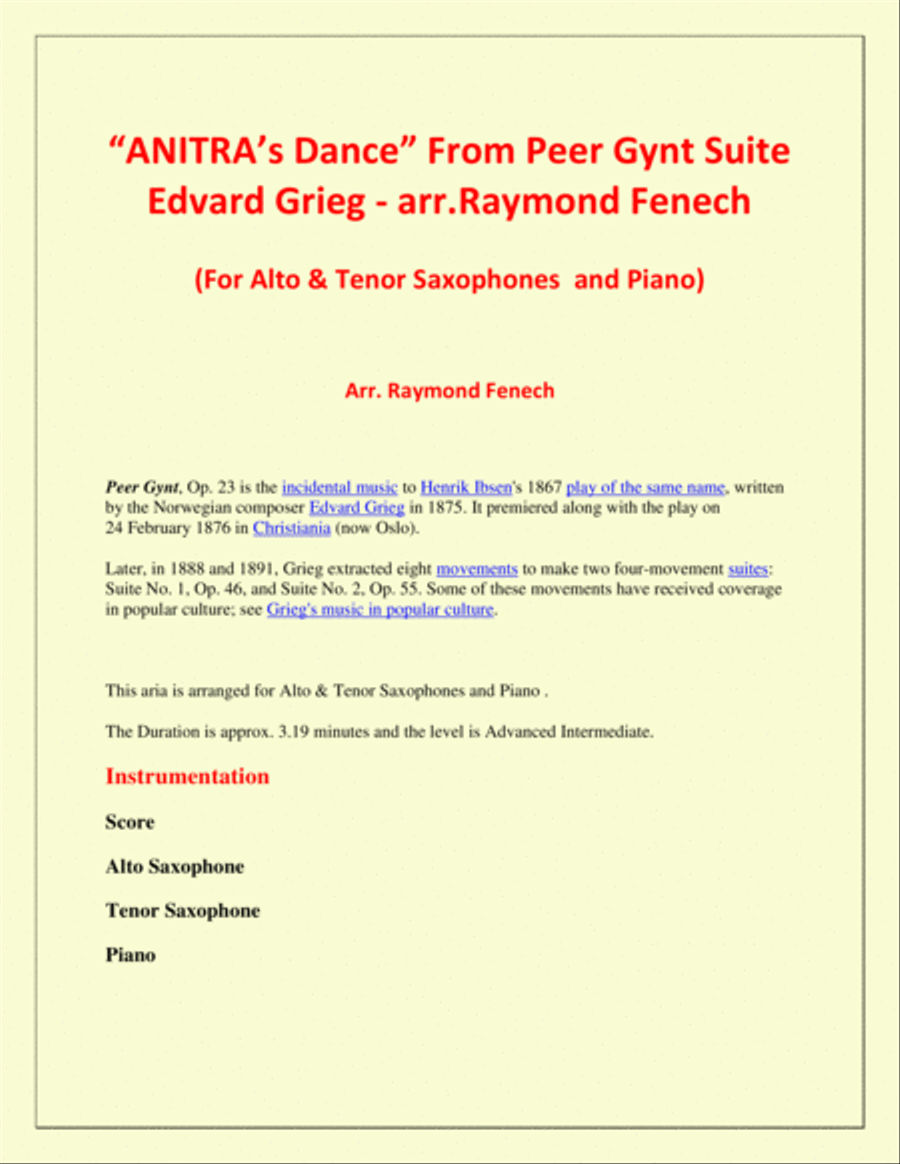 Anitra's Dance - From Peer Gynt - Alto & Tenor Saxaphones and Piano Woodwind Duet scores gallery preview page 2