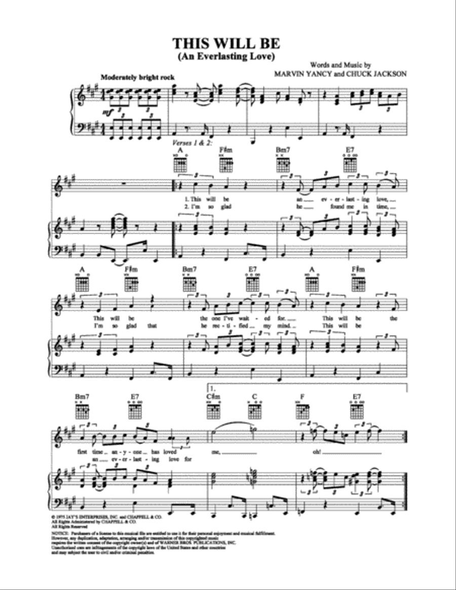 This Will Be (An Everlasting Love) Piano, Vocal, Guitar scores gallery preview page 1