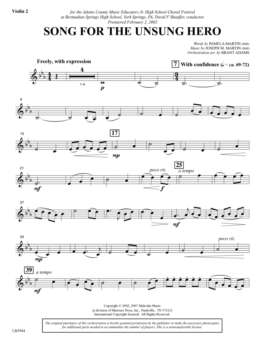 Song for the Unsung Hero - Violin 2 Choir scores gallery preview page 1