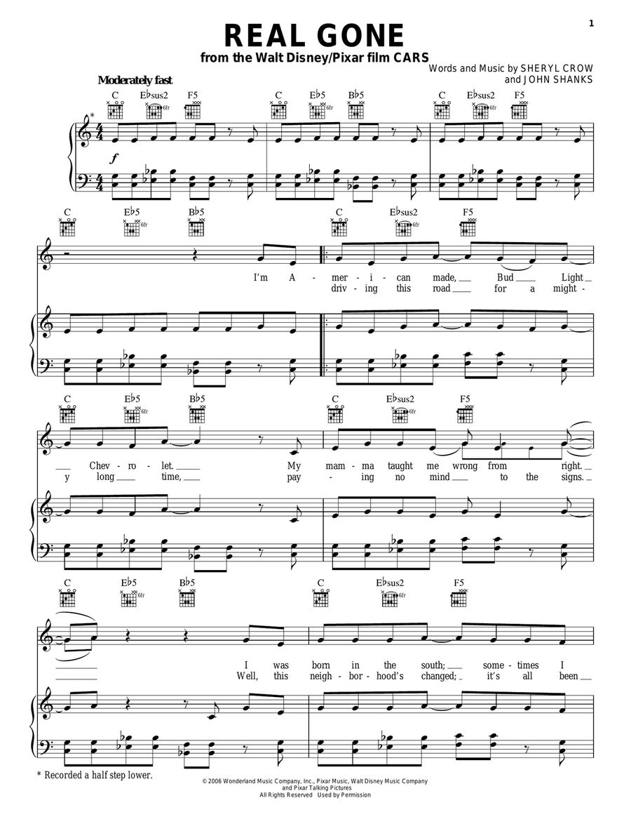 Real Gone (from Cars) Piano, Vocal, Guitar scores gallery preview page 1