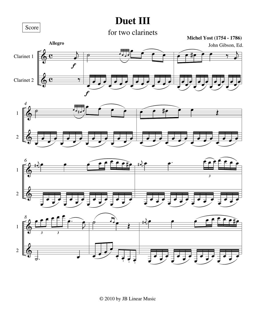 Duos for Two Clarinets - Michel Yost Opus 5 #3 Clarinet Duet scores gallery preview page 1
