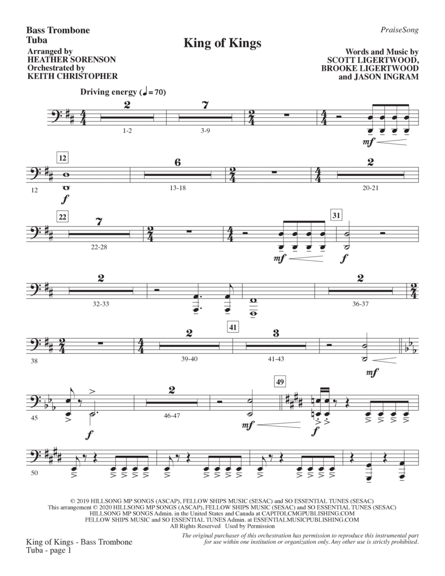 King Of Kings (arr. Heather Sorenson) - Bass Trombone/Tuba Choir scores gallery preview page 1