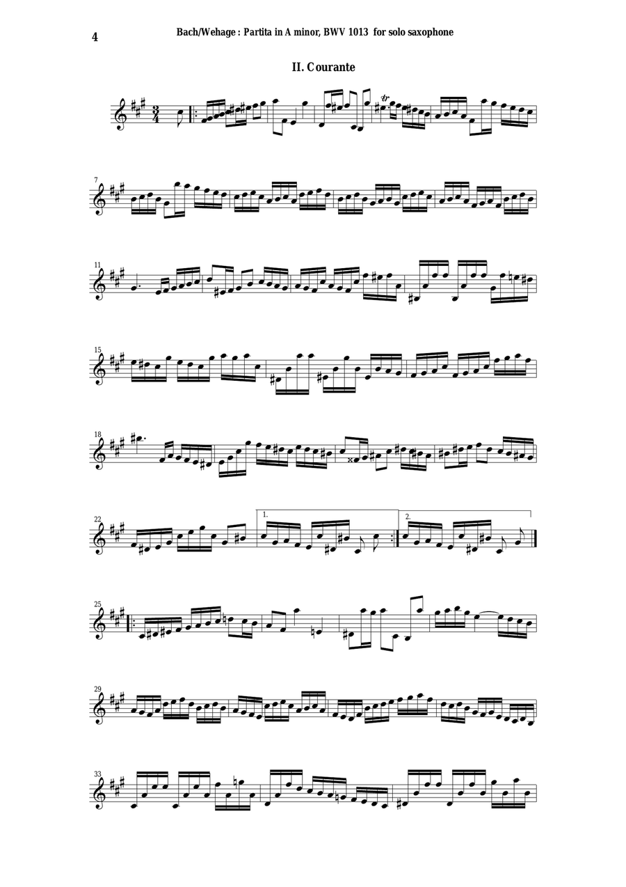 J. S. Bach: Partita in A minor, BWV 1013, arranged for solo saxophone by Paul Wehage Woodwind Quartet scores gallery preview page 4