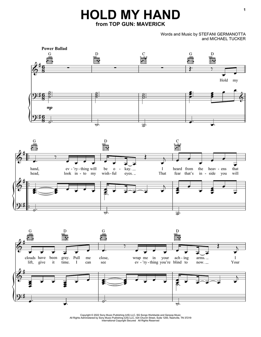 Hold My Hand (from Top Gun: Maverick) Piano, Vocal, Guitar scores gallery preview page 1