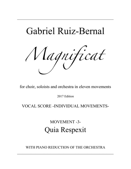 MAGNIFICAT. Mov. 3. "Quia Respexit". Soprano, Tenor and Choir with piano (orchestra reduction) image number null