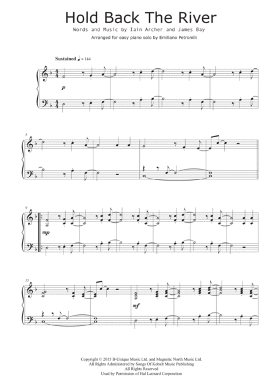 Hold Back The River Easy Piano scores gallery preview page 1