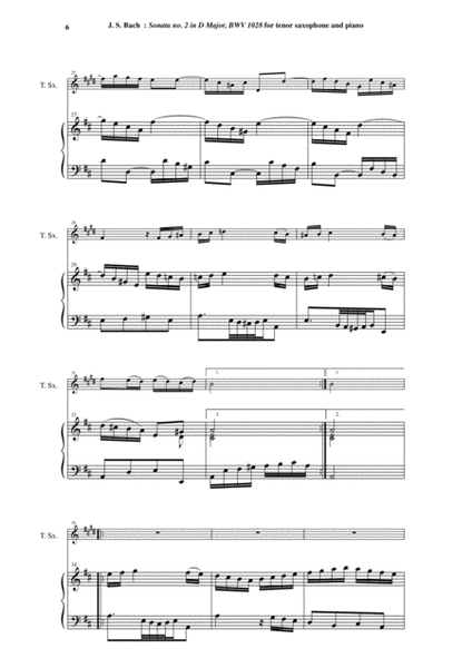 J. S. Bach: "Viola da Gamba" Sonata no. 2 in D major, BWV 1028, arranged for tenor saxophone and pi