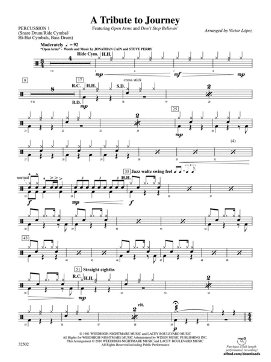 A Tribute to Journey: 1st Percussion Concert Band scores gallery preview page 1