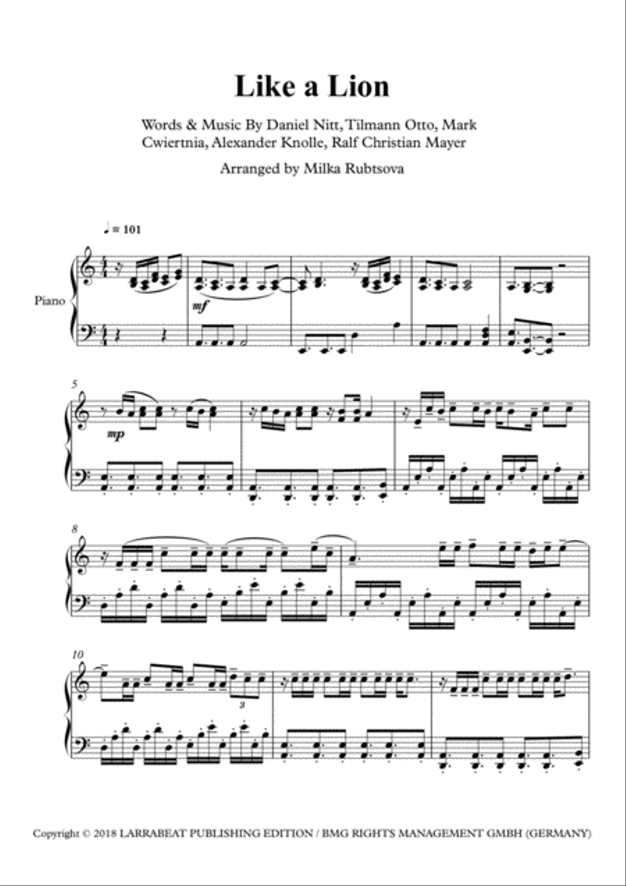 Like A Lion Piano Solo scores gallery preview page 1