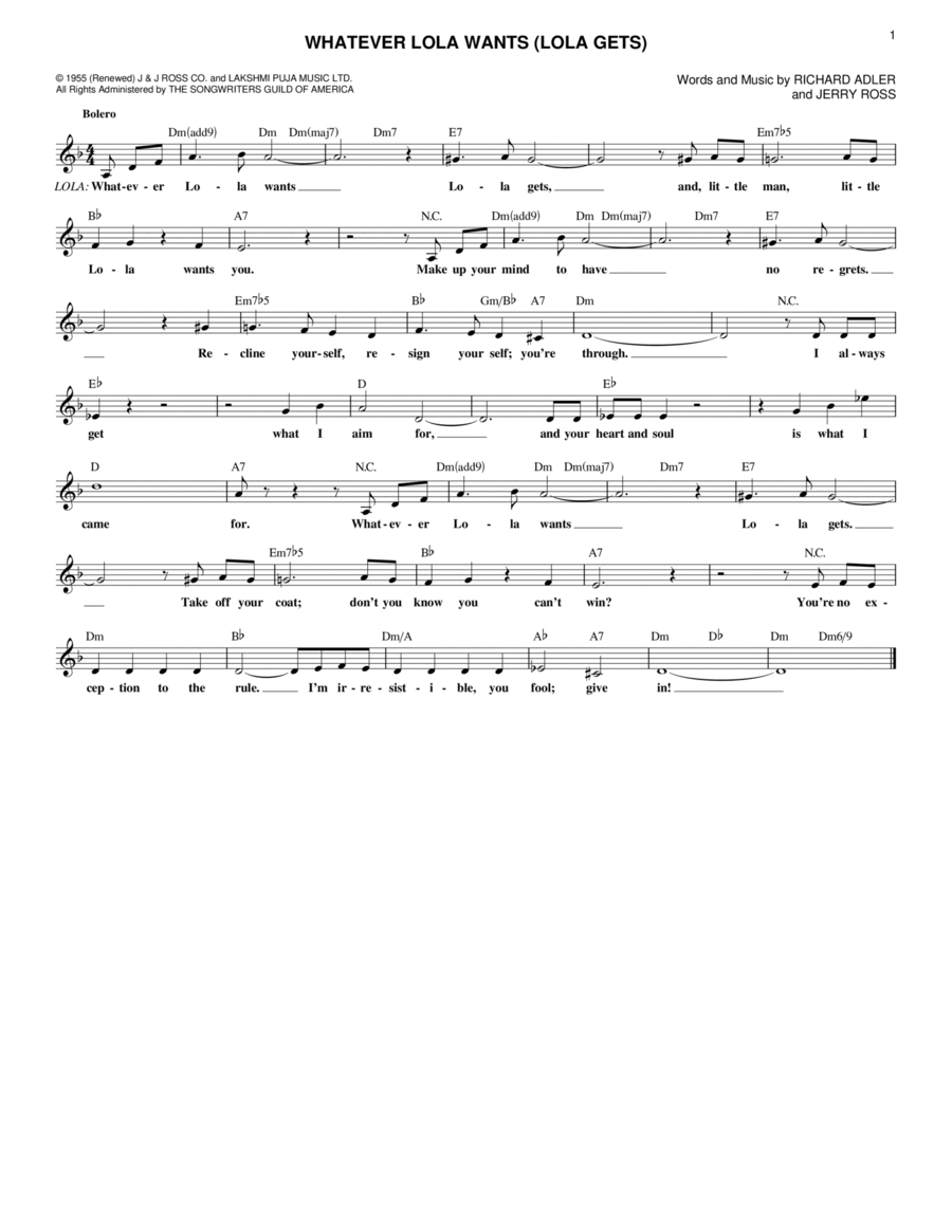 Whatever Lola Wants (Lola Gets) Piano scores gallery preview page 1