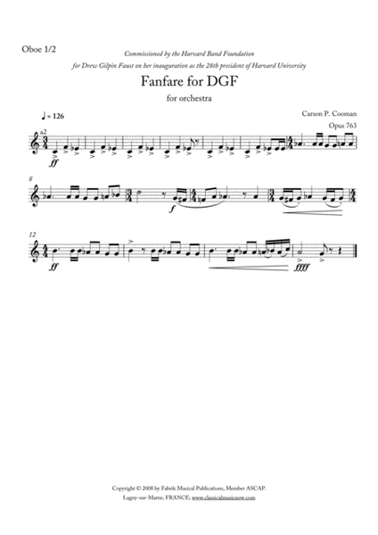 Carson Cooman: Fanfare for DGF, version for orchestra (score and parts)
